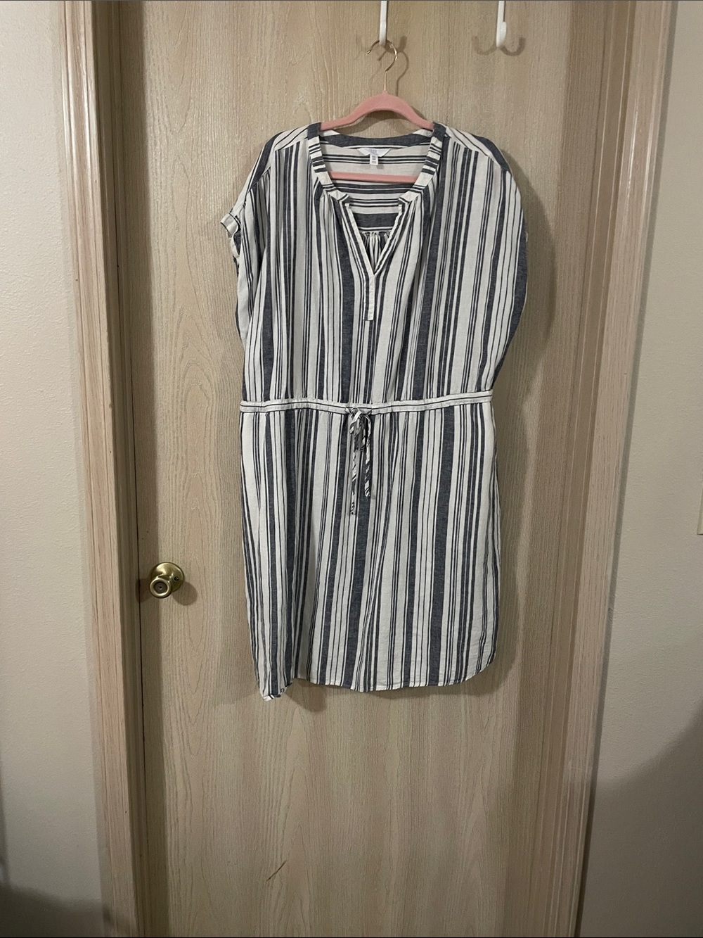 Time and Tru Navy and White Striped Tie-Waist Midi Dress